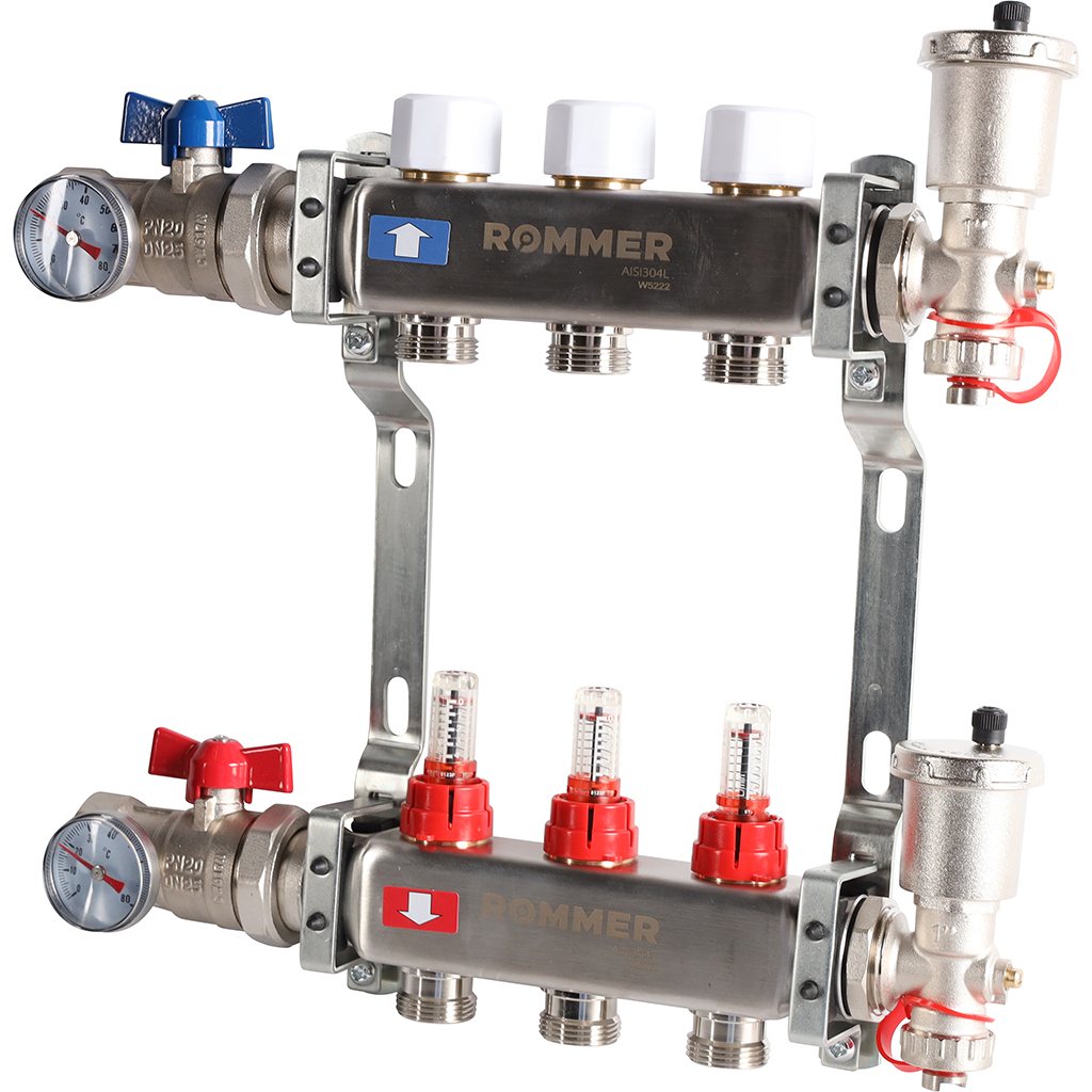 Коллектор из нержавеющей стали в сборе с расходомерами ROMMER 3 выхода, RMS-1210-000003