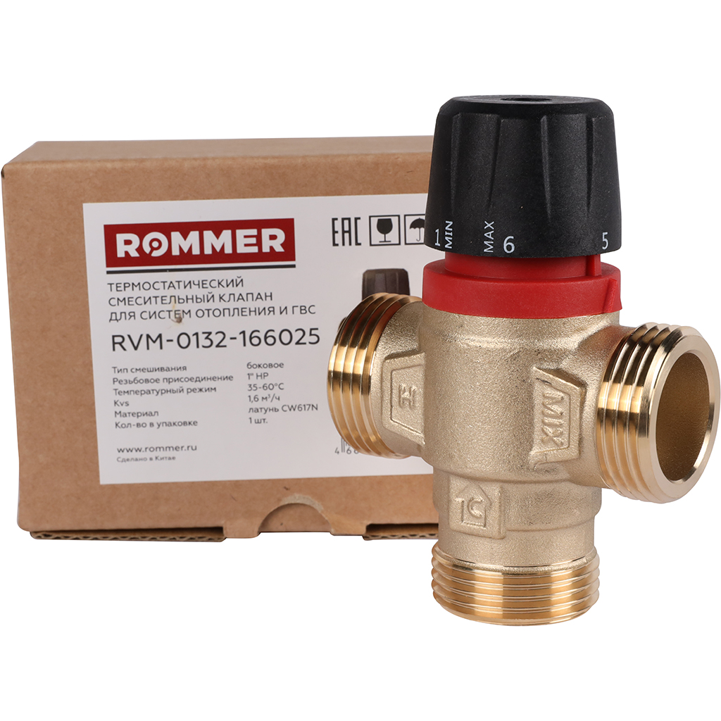 Термостатический смесительный клапан для систем отопления и ГВС ROMMER 1 НР 35-60°С KV 1,6 (боковое смешивание), RVM-0132-166025
