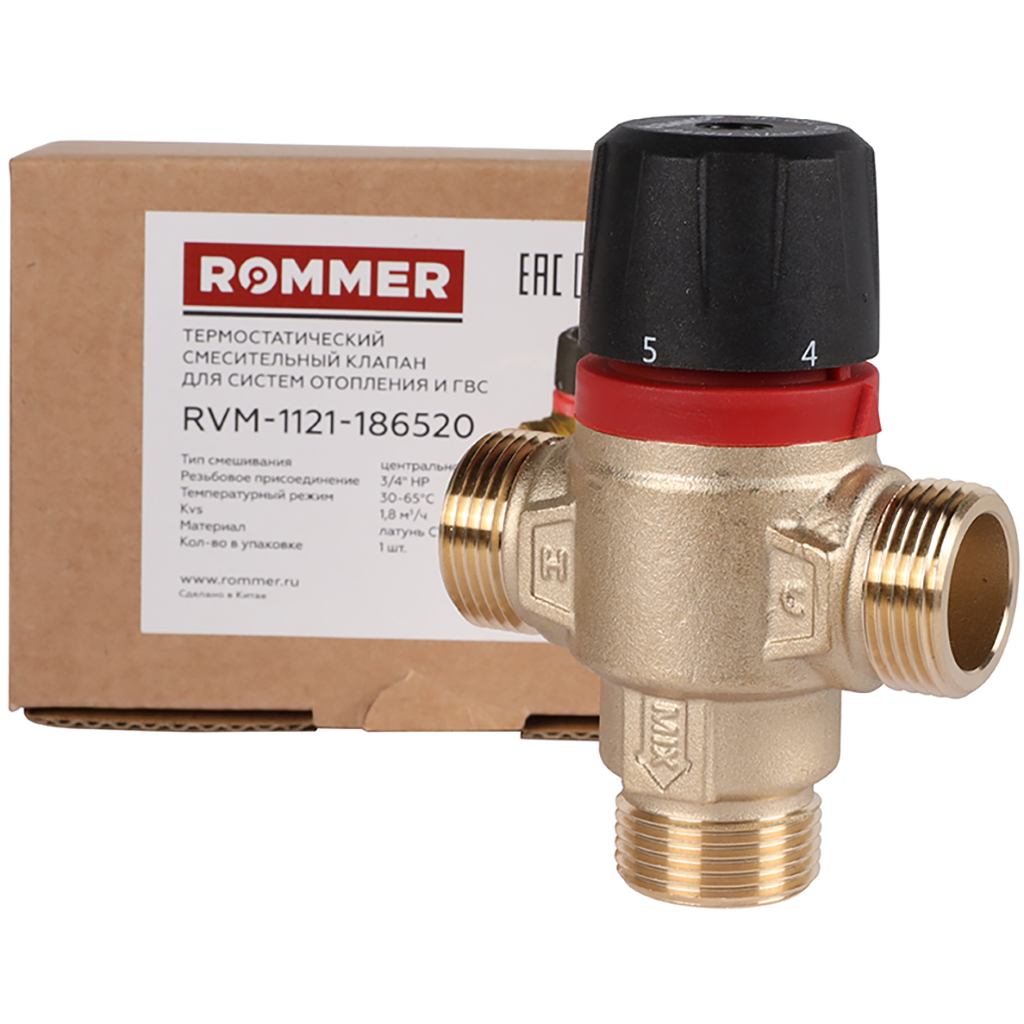 Термостатический смесительный клапан для систем отопления и ГВС ROMMER 3/4 НР 30-65°С KV 1,8 (центральное смешивание), RVM-1121-186520