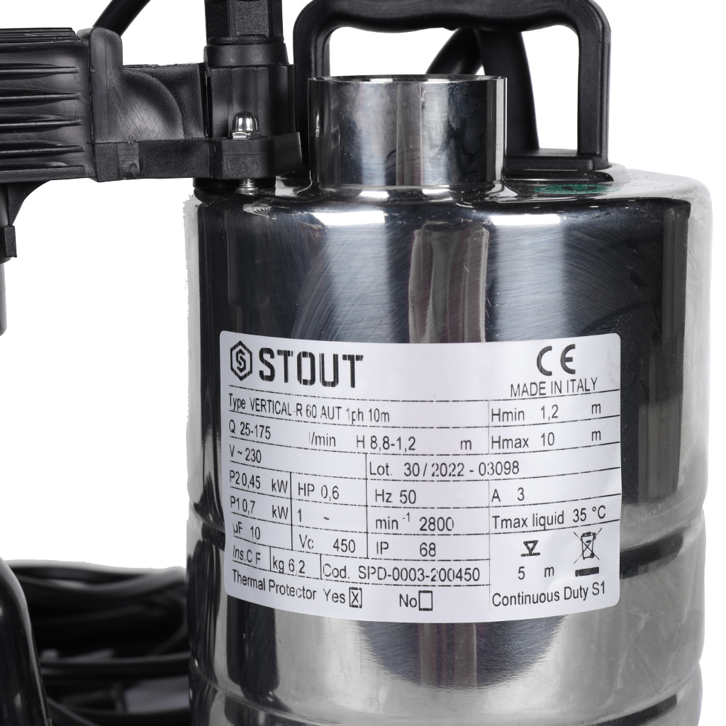 Насос дренажный STOUT с вертикальным поплавком, кабель 10 м, 230V, Q=175 л/мин, H=10 м, SPD-0003-200450
