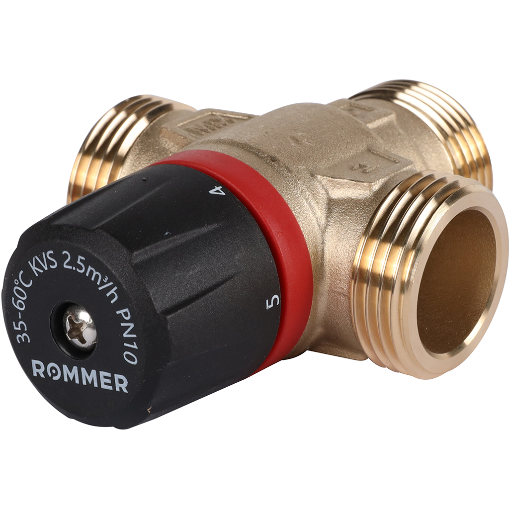 Термостатический смесительный клапан для систем отопления и ГВС ROMMER 1 НР 35-60°С KV 2,5 (боковое смешивание), RVM-0232-256025