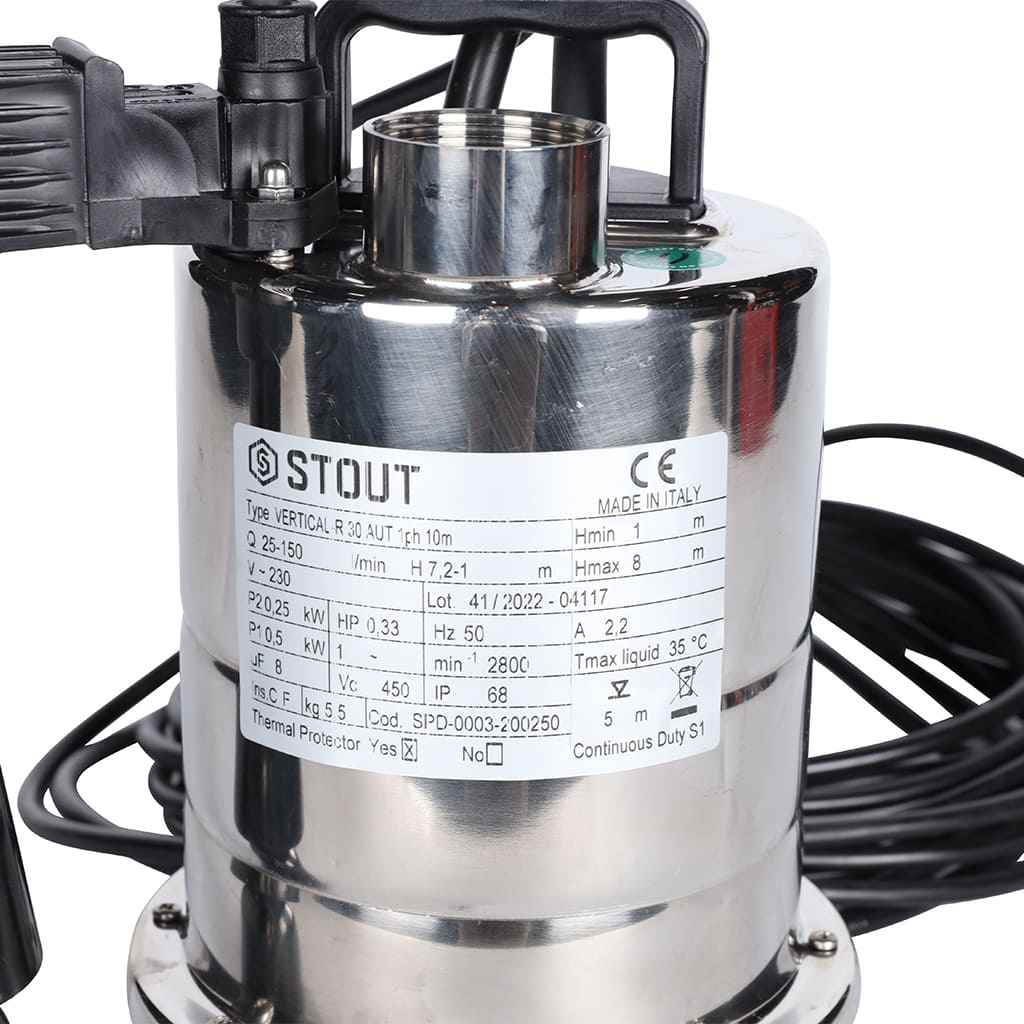 Насос дренажный STOUT с вертикальным поплавком, кабель 10 м, 230V, Q=150 л/мин, H=8 м, SPD-0003-200250
