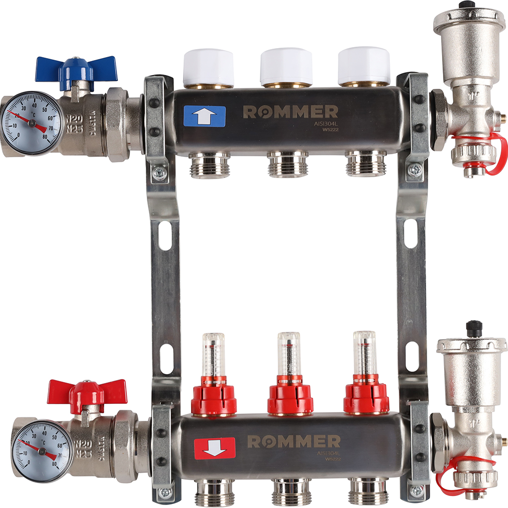 Коллектор из нержавеющей стали в сборе с расходомерами ROMMER 3 выхода, RMS-1210-000003