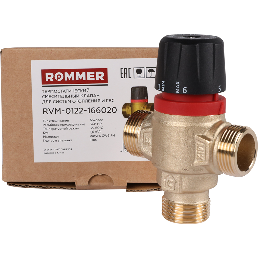 Термостатический смесительный клапан для систем отопления и ГВС ROMMER 3/4 НР 35-60°С KV 1,6 (боковое смешивание), RVM-0122-166020