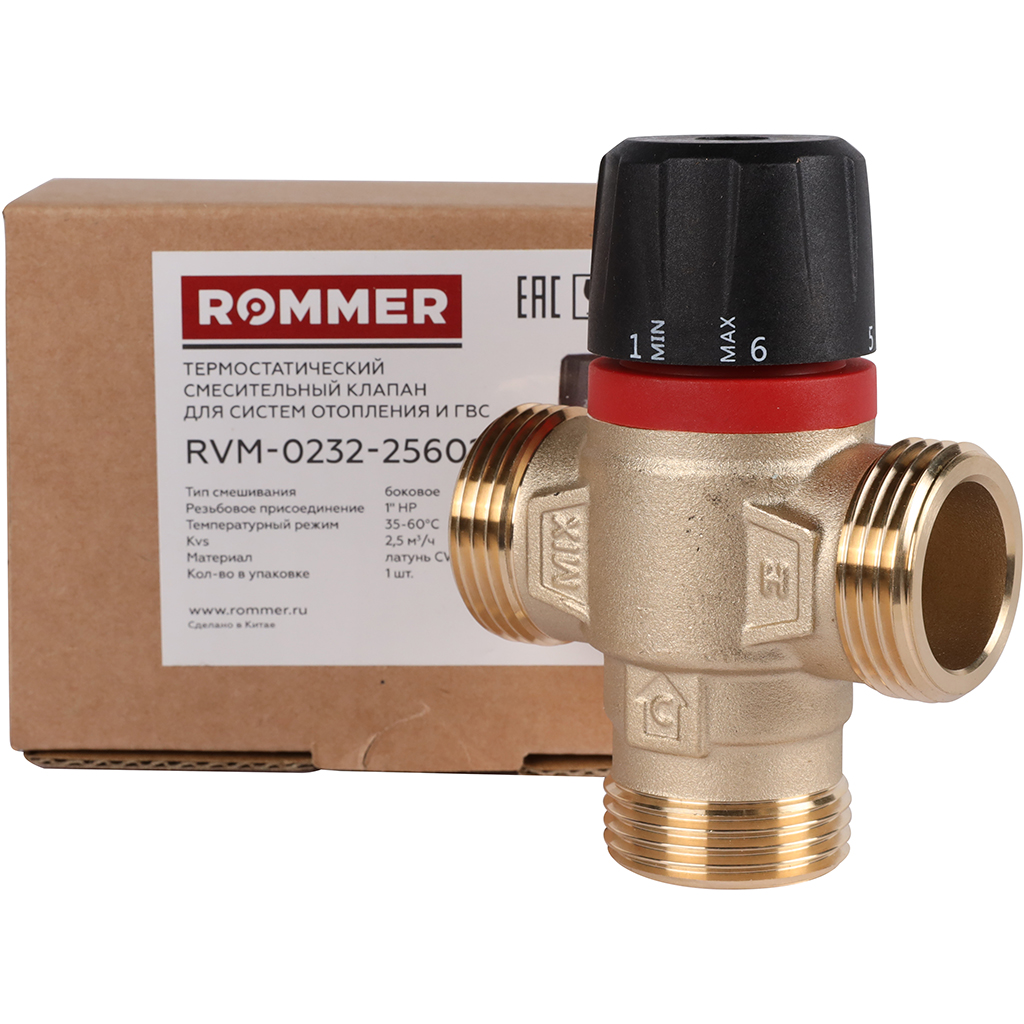 Термостатический смесительный клапан для систем отопления и ГВС ROMMER 1 НР 35-60°С KV 2,5 (боковое смешивание), RVM-0232-256025