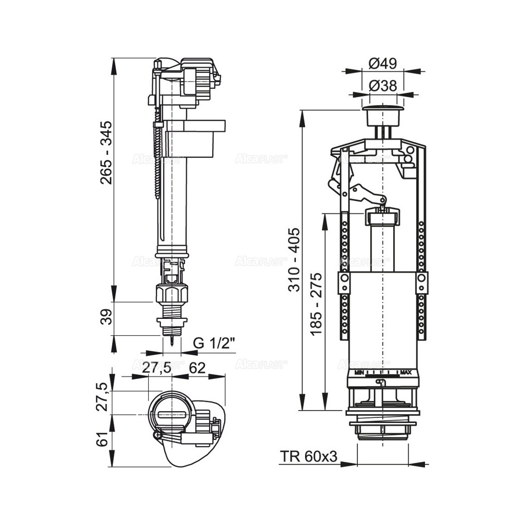 Выпускной комплект AlcaPlast со стоп кнопкой, SA2000K 1/2 CHROM