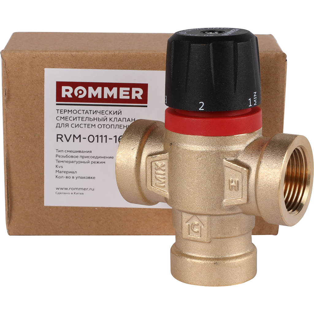 Термостатический смесительный клапан для систем отопления и ГВС ROMMER 3/4 ВР 20-43°С KV 1,6 (боковое смешивание), RVM-0111-164320