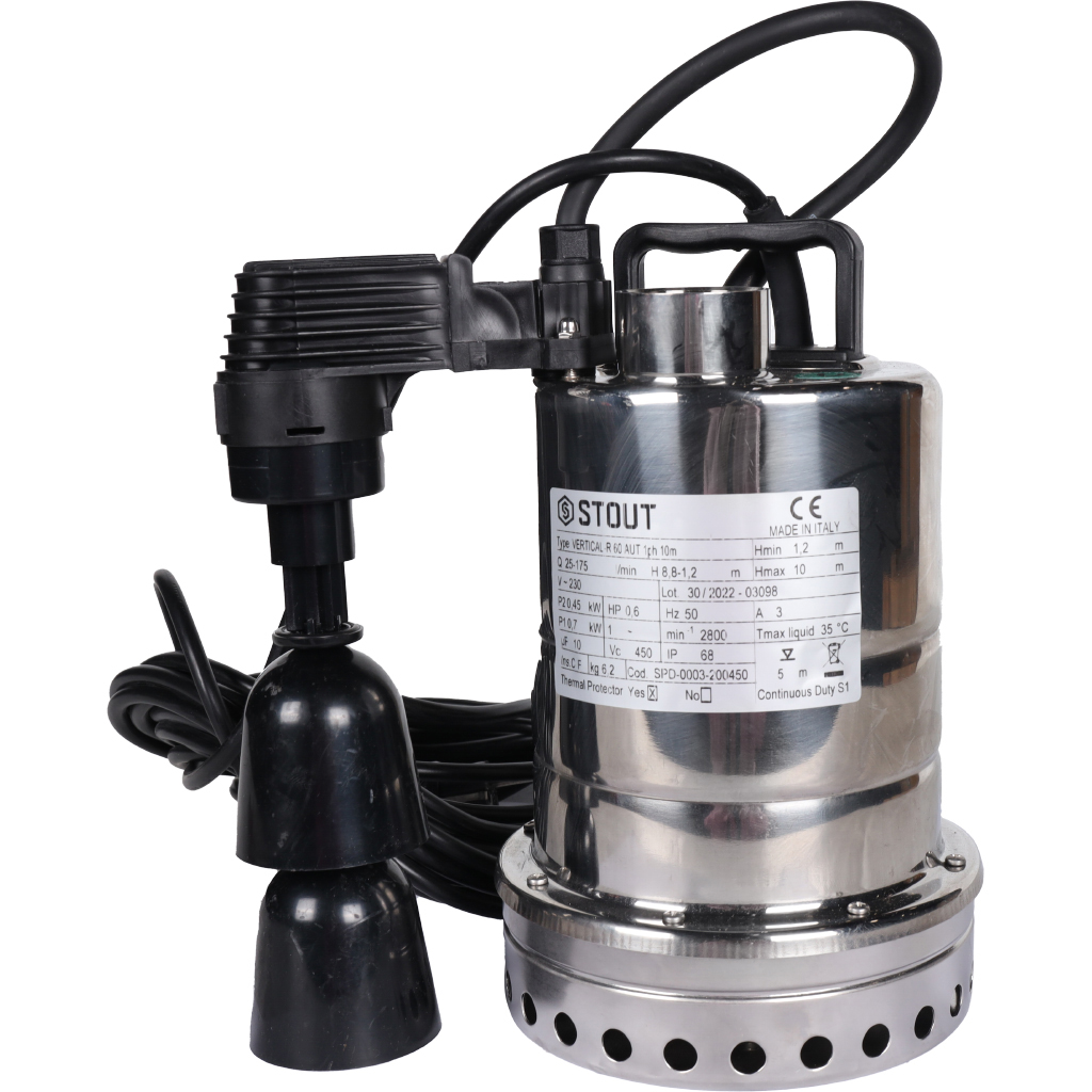 Насос дренажный STOUT с вертикальным поплавком, кабель 10 м, 230V, Q=175 л/мин, H=10 м, SPD-0003-200450