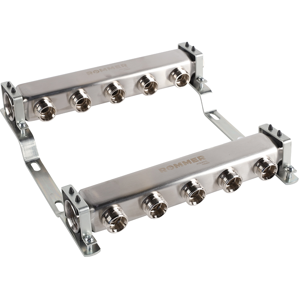 Коллектор из нержавеющей стали ROMMER для радиаторной разводки 5 выходов, RMS-4401-000005