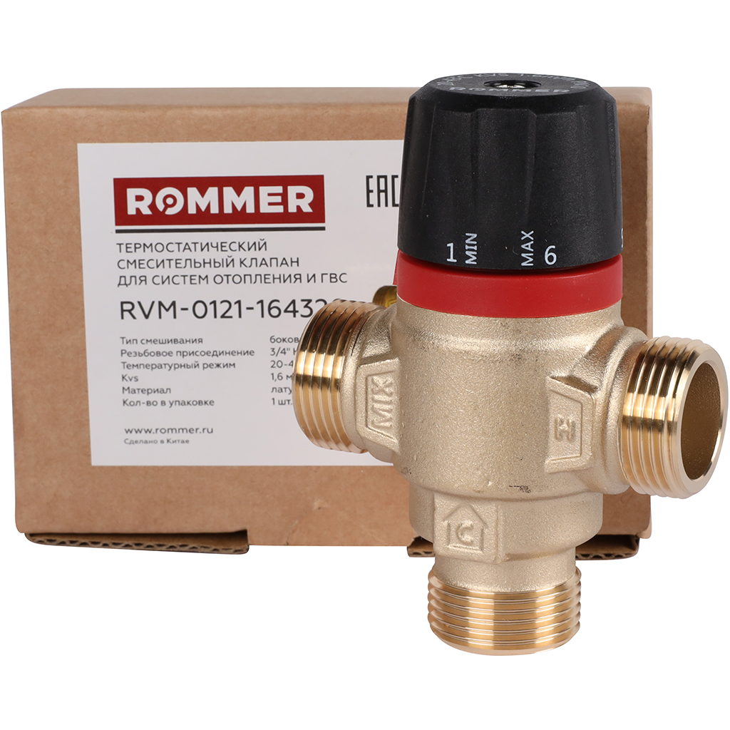 Термостатический смесительный клапан для систем отопления и ГВС ROMMER 3/4 НР 20-43°С KV 1,6 (боковое смешивание), RVM-0121-164320