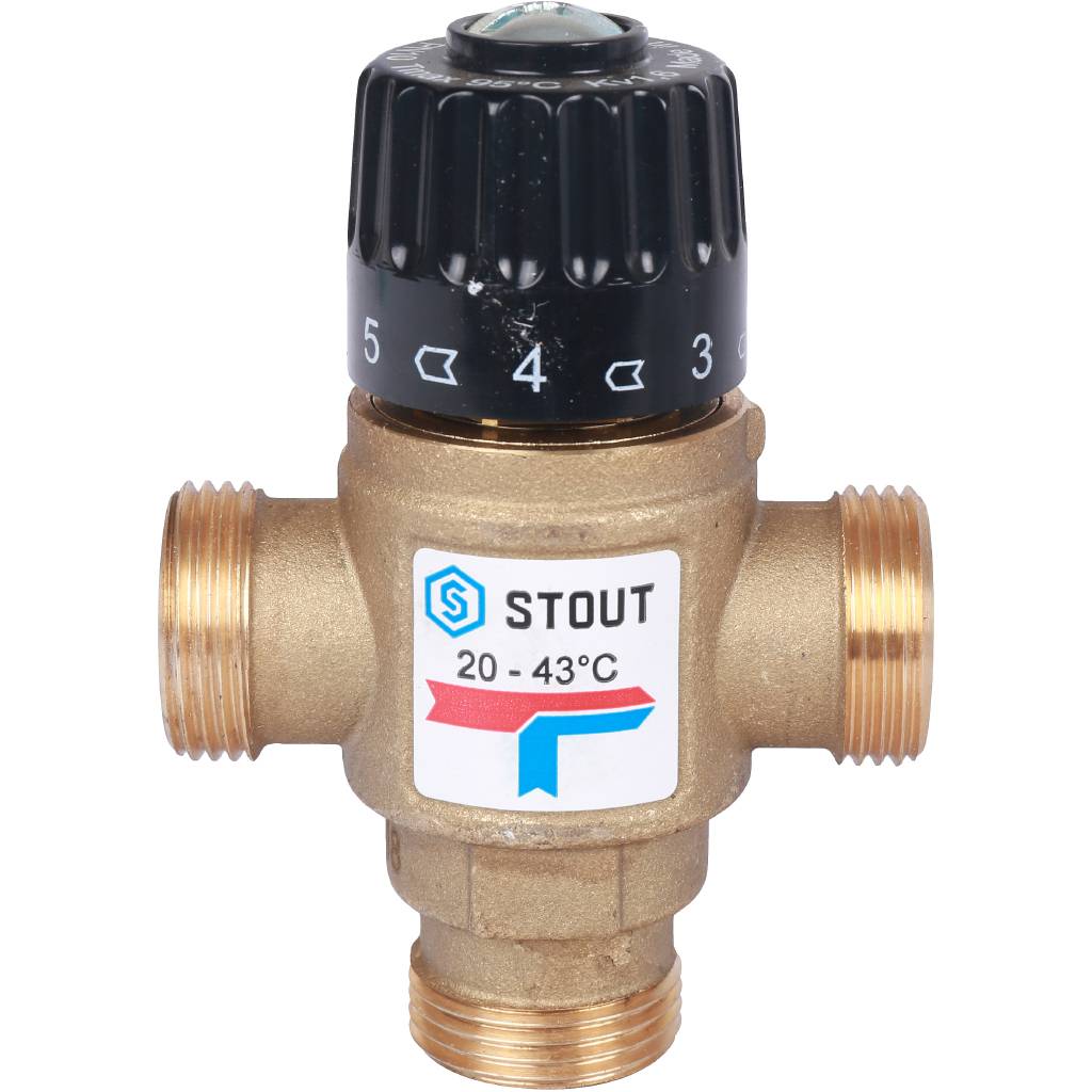 Термостатический смесительный клапан для систем отопления и ГВС STOUT 3/4 НР 20-43°С KV 1,6, SVM-0120-164320