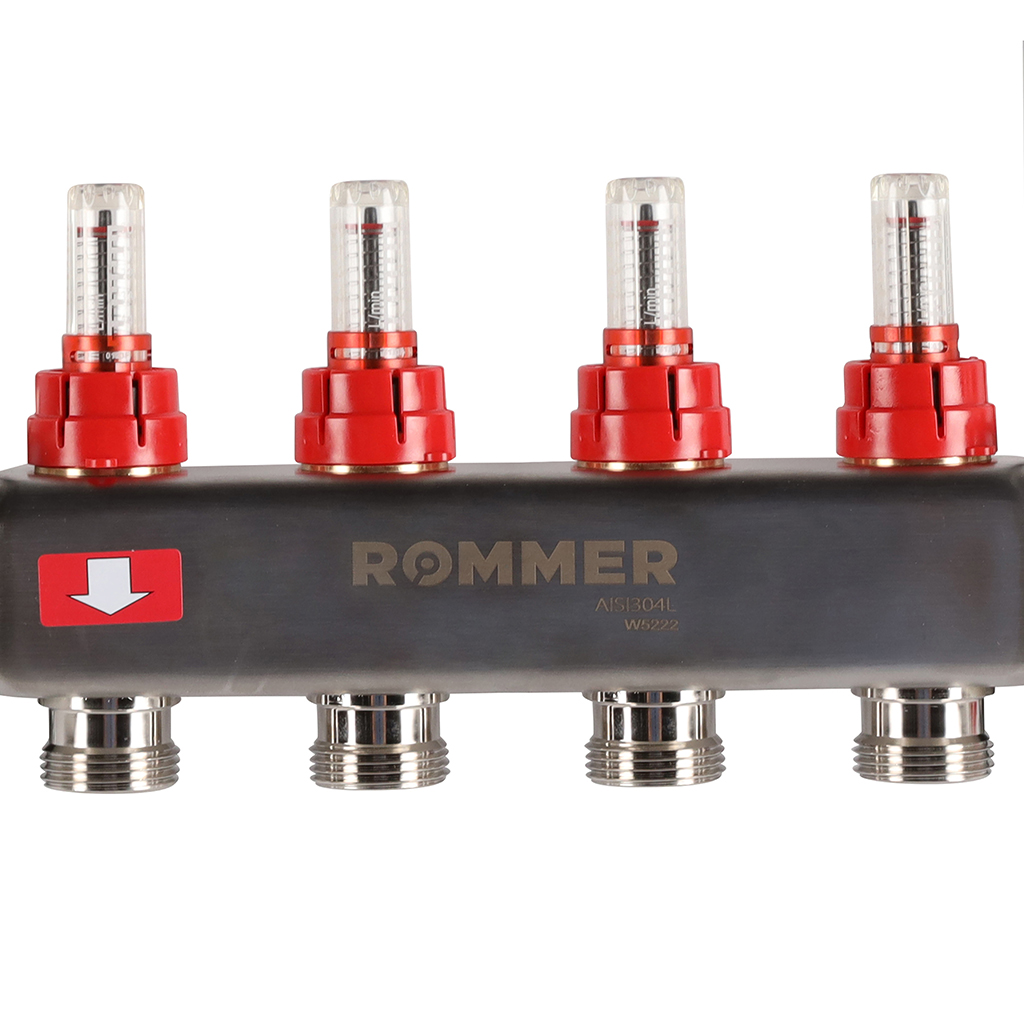 Коллектор из нержавеющей стали в сборе с расходомерами ROMMER 4 выхода, RMS-1210-000004