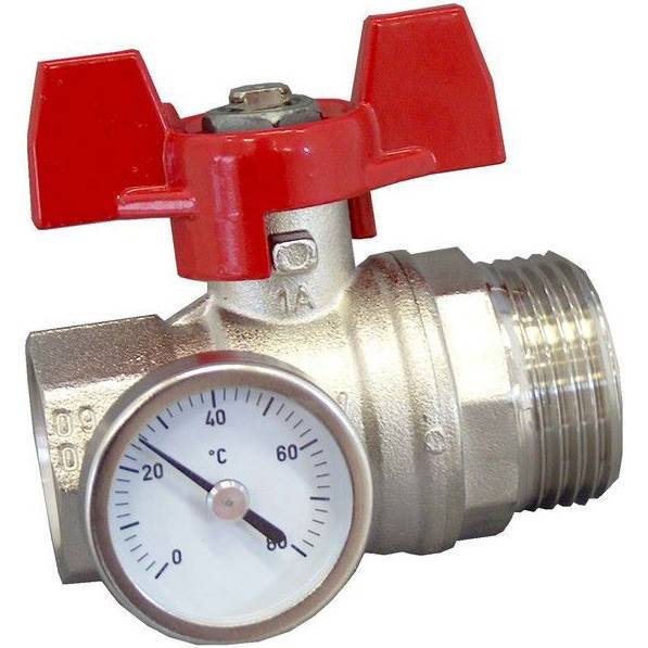 Кран шаровой Oventrop муфтовый BP 1 х НР 1 с термометром 0-80°C, с красной ручкой бабочкой, 1406484