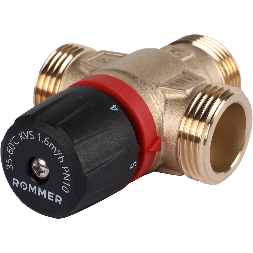 Термостатический смесительный клапан для систем отопления и ГВС ROMMER 1 НР 35-60°С KV 1,6 (боковое смешивание), RVM-0132-166025
