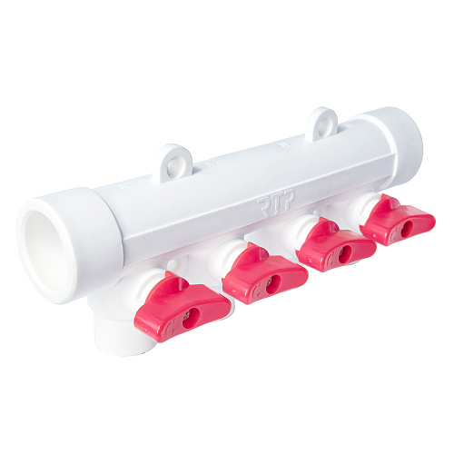Коллектор с шаровым краном красный PPR 32х20/4,  белый, RTP