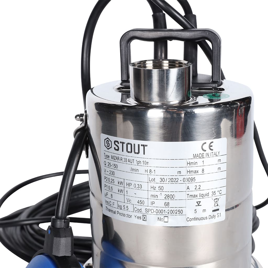 Насос дренажный STOUT с поплавком, кабель 10 м, 230V, Q=150 л/мин, H=8 м, SPD-0001-200250