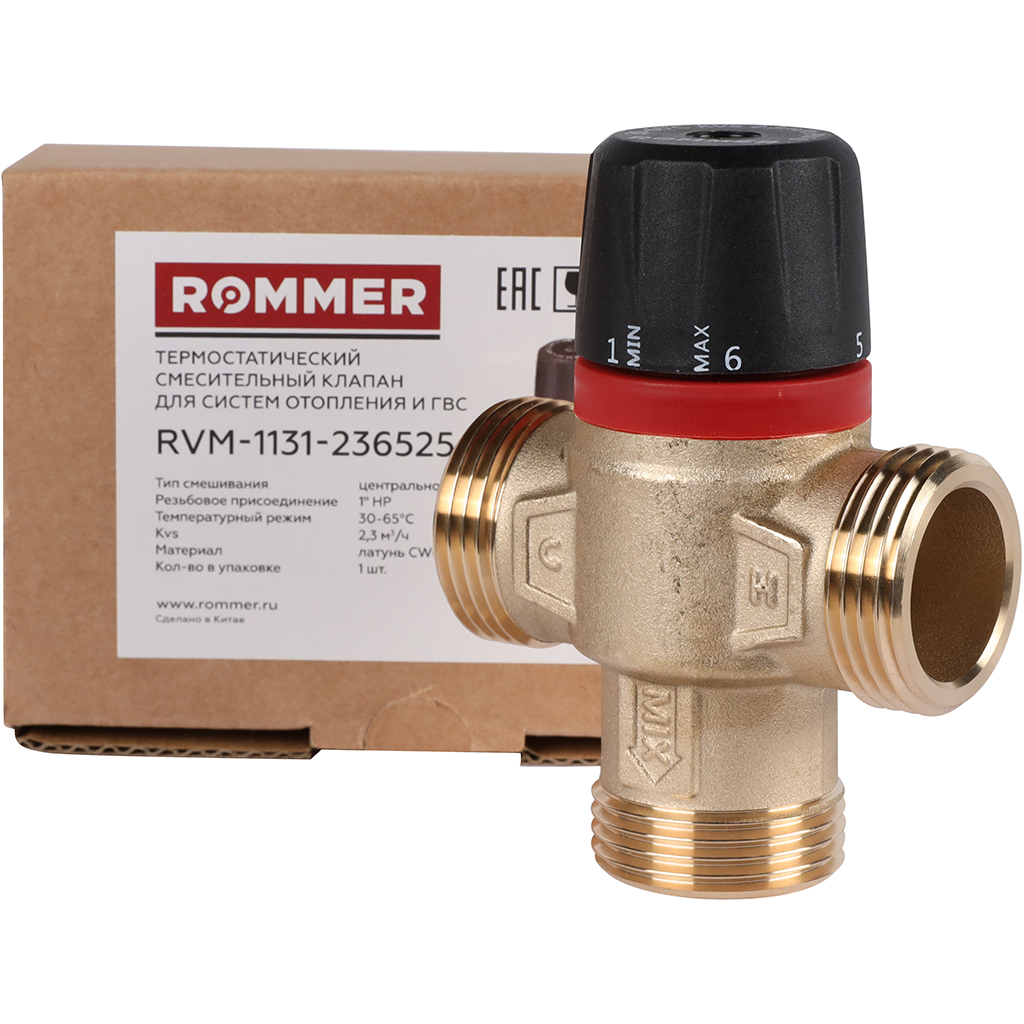 Термостатический смесительный клапан для систем отопления и ГВС ROMMER 1 НР 30-65°С KV 2,3 (центральное смешивание), RVM-1131-236525