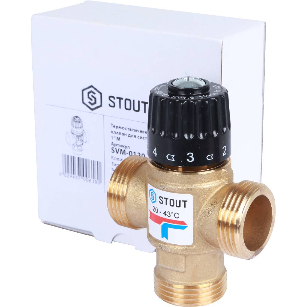 Термостатический смесительный клапан для систем отопления и ГВС STOUT G 1” M, 20-43°С KV 1,6 м3/ч, SVM-0120-164325