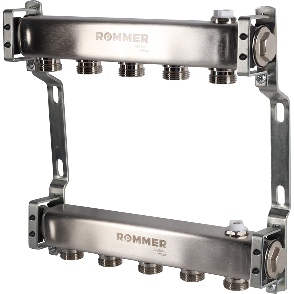 Коллектор из нержавеющей стали ROMMER для радиаторной разводки 5 выходов, RMS-4401-000005