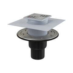 Сливной трап AlcaPlast 105x105/50/75 мм боковой сток, решетка из нержавеющей стали, фланец из нержавеющей стали, воротник изоляции 2–го уровня, гидрозатвор сухой и мокрый, APV4344