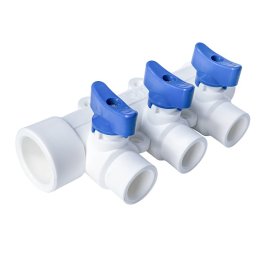 Коллектор с шаровым краном синий PPR 32х20/3,  белый, RTP