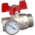 Кран шаровой Oventrop муфтовый BP 1 х НР 1 с термометром 0-80°C, с красной ручкой бабочкой, 1406484