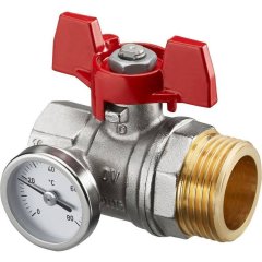 Кран шаровой Oventrop муфтовый BP 1 х НР 1 с термометром 0-80°C, с красной ручкой бабочкой, 1406484