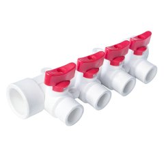 Коллектор с шаровым краном красный PPR 32х20/4,  белый, RTP